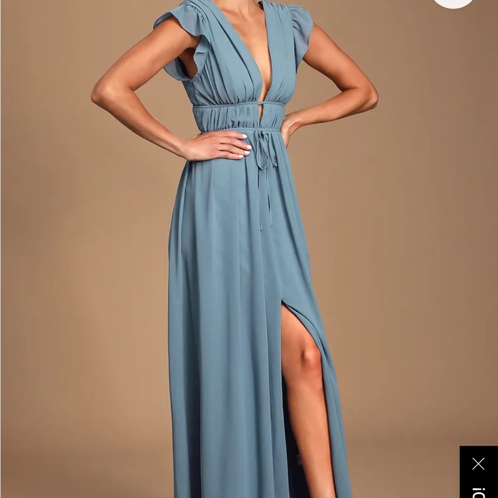 NWT Lulus I'm All Yours Slate Blue Ruffled Maxi Dress - Size L - Picture 3 of 7